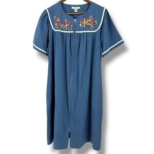 Go Softly Denim Embroidered Bird House Garden Patio Dress Sz Large Full Zip